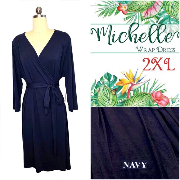 LuLaRoe Michelle Wrap Dress 2XL Navy Blue Solid Adjustable 3/4 Sleeve - Picture 10 of 10